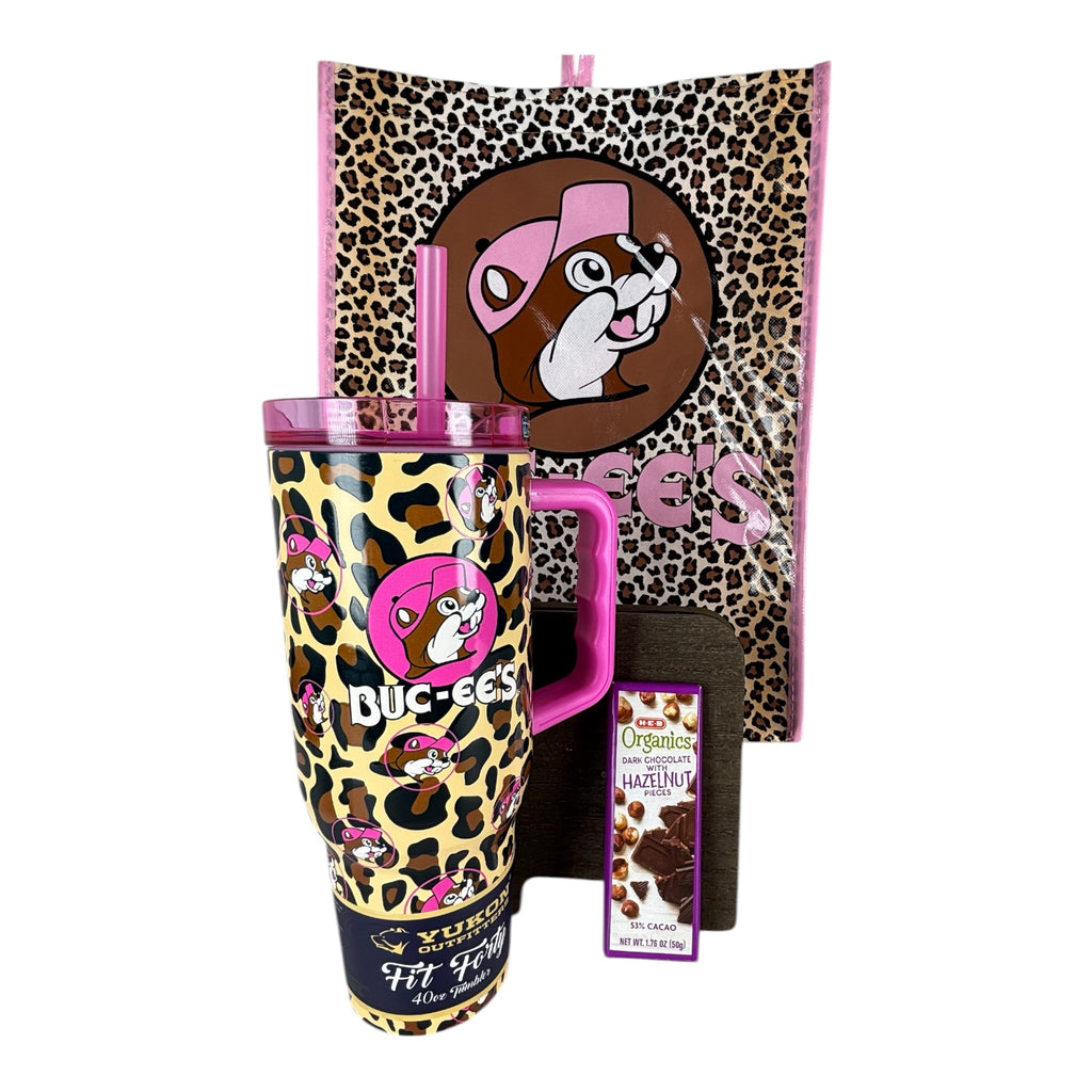 Buc-ee's Leopard Pink Bundle Gift Set (Tote, Tumbler 40oz, HEB Organics Dark Chocolate)