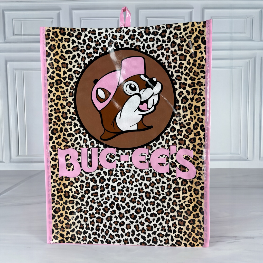 Buc-ee's Leopard Pink Bundle Gift Set (Tote, Tumbler 40oz, HEB Organics Dark Chocolate)