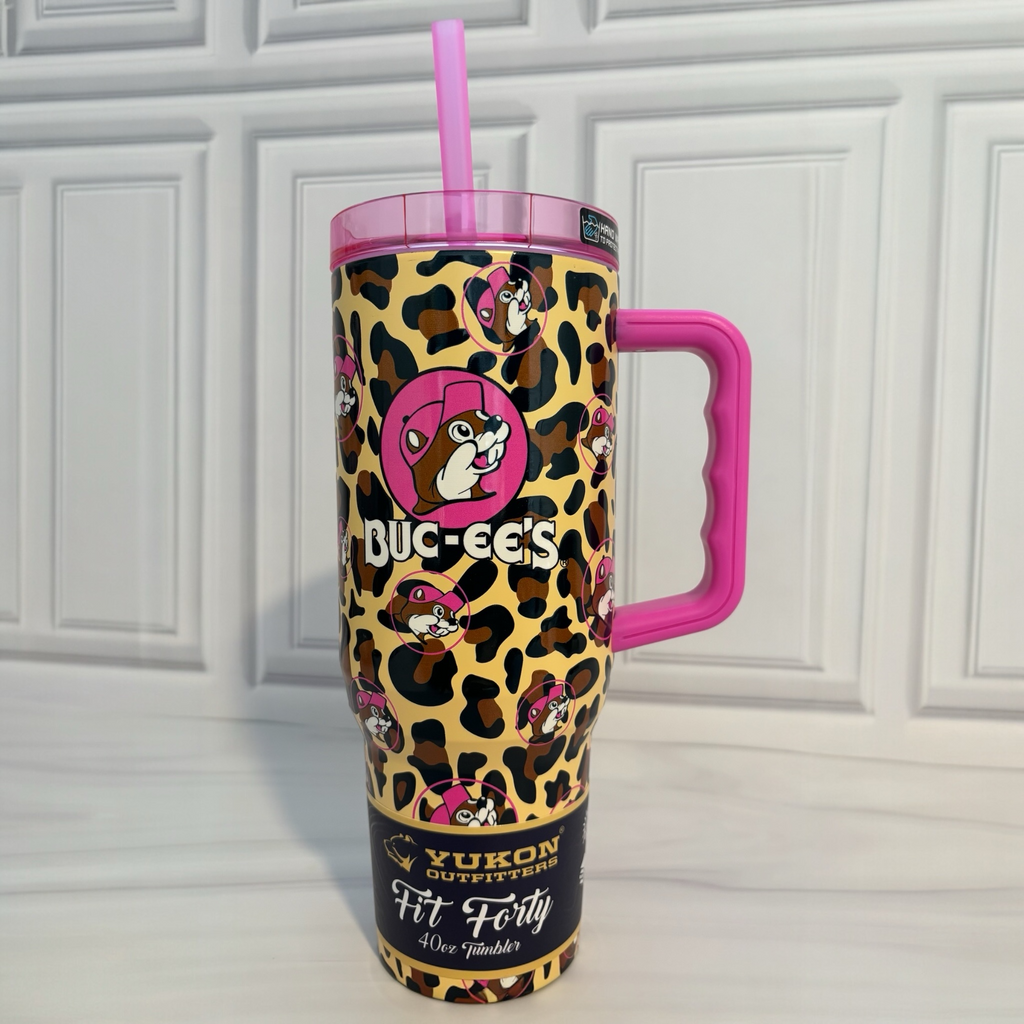 Buc-ee's Leopard Pink Bundle Gift Set (Tote, Tumbler 40oz, HEB Organics Dark Chocolate)