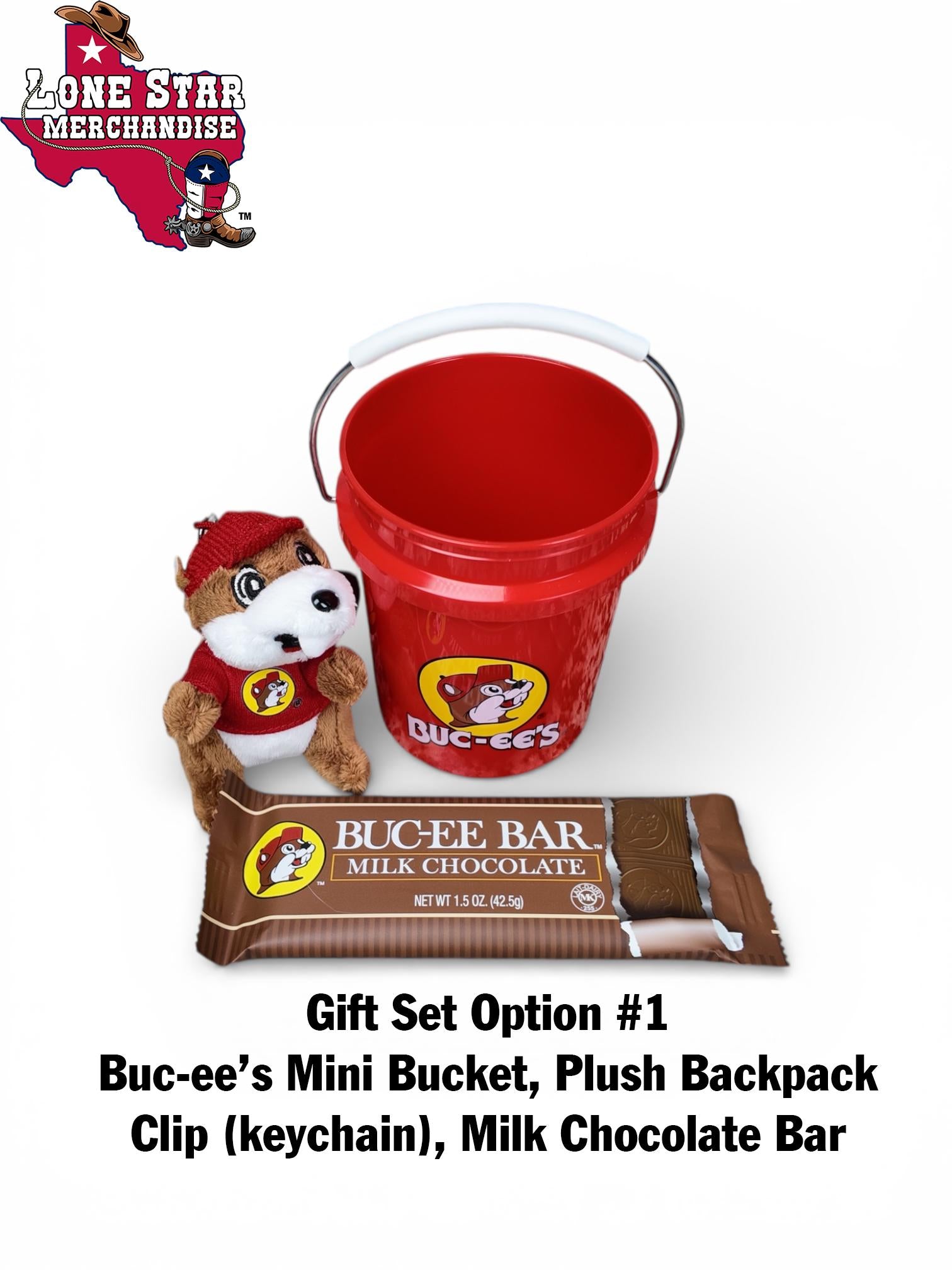 Buc-ee's Mini Bucket Gift Set (Backpack Clip, Chocolate Bar, Mints, Granola, Trail-mix, etc.)