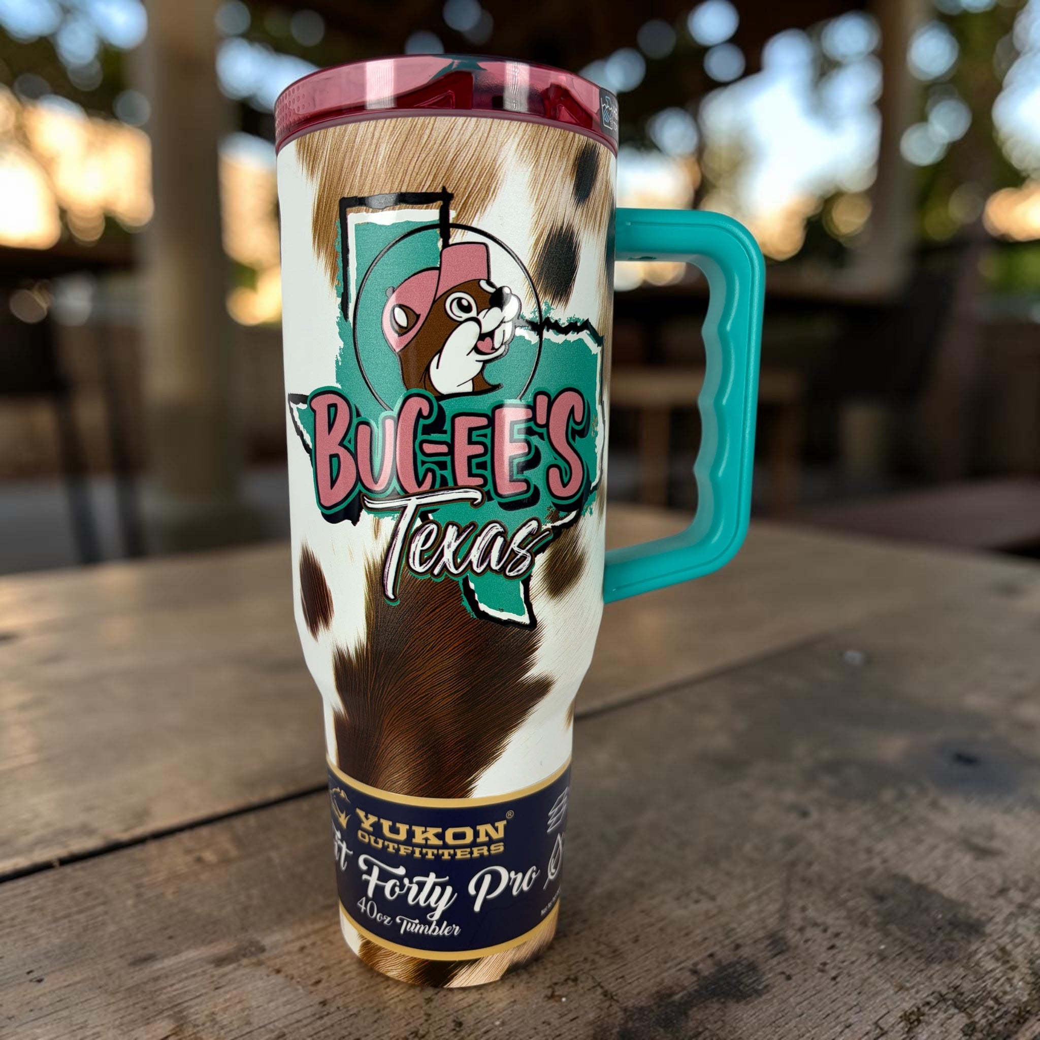 Buc-ee's Texas 40 oz Fit Forty Tumbler with Handle & Straw – Cowhide Print Insulated Travel Cup