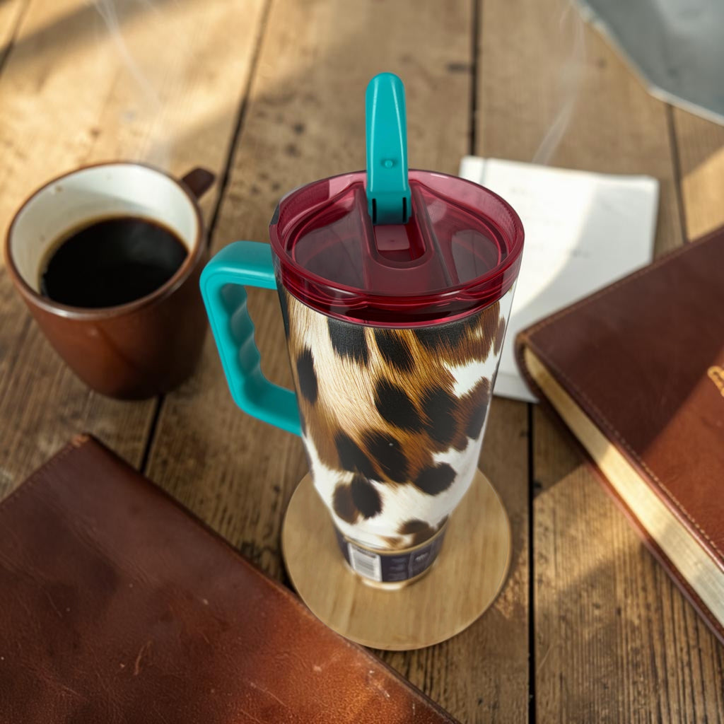 Buc-ee's Texas 40 oz Fit Forty Tumbler with Handle & Straw – Cowhide Print Insulated Travel Cup