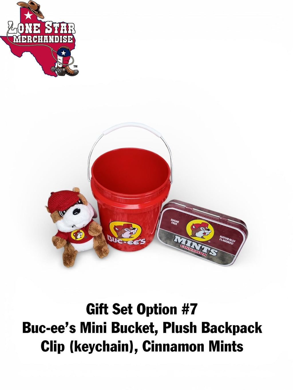 Buc-ee's Mini Bucket Gift Set (Backpack Clip, Chocolate Bar, Mints, Granola, Trail-mix, etc.)