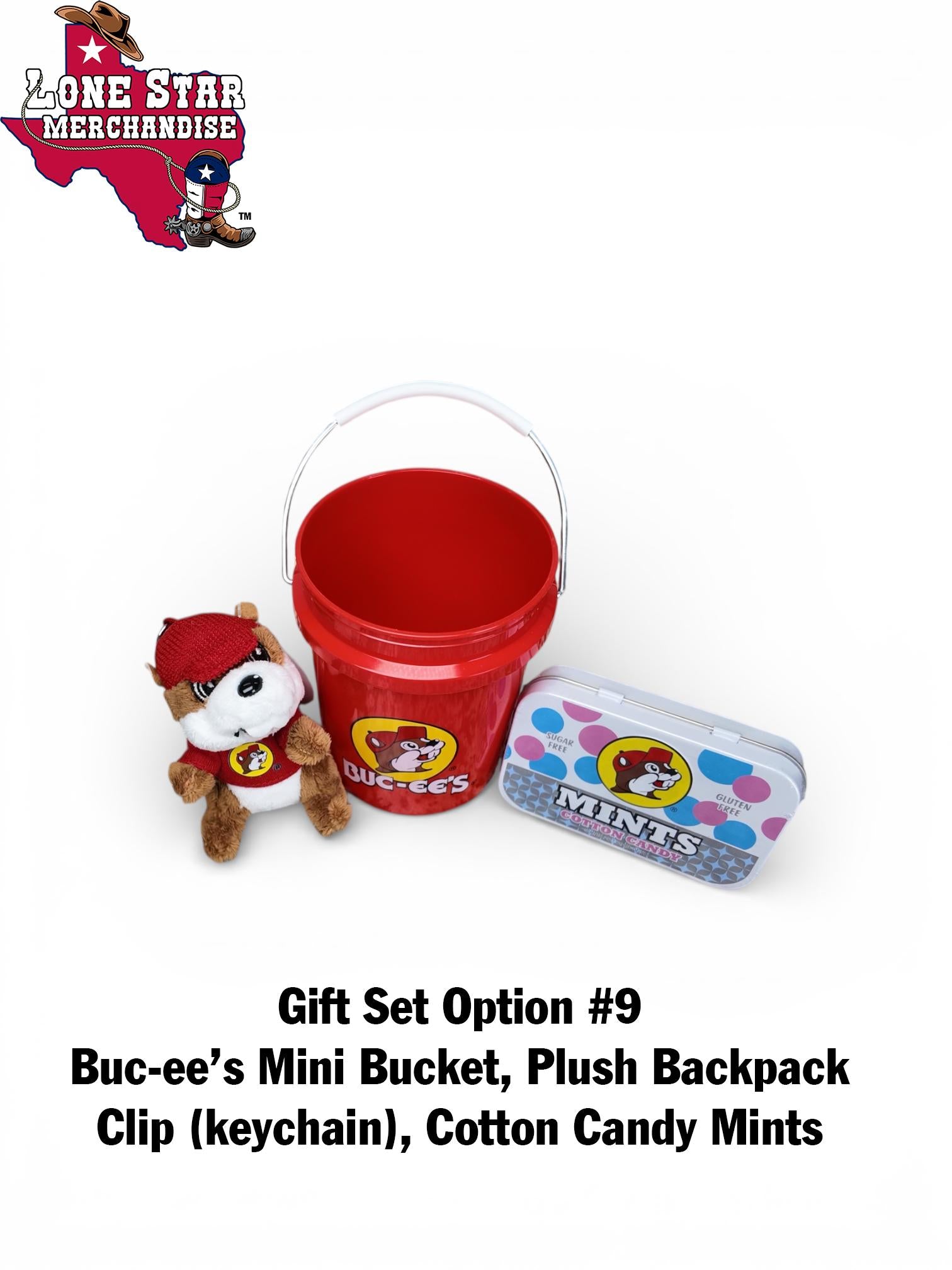 Buc-ee's Mini Bucket Gift Set (Backpack Clip, Chocolate Bar, Mints, Granola, Trail-mix, etc.)