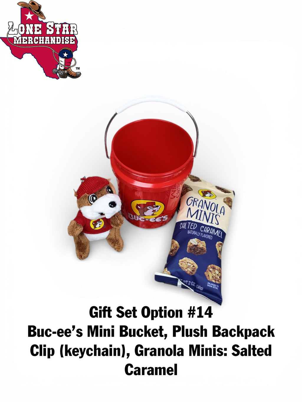 Buc-ee's Mini Bucket Gift Set (Backpack Clip, Chocolate Bar, Mints, Granola, Trail-mix, etc.)