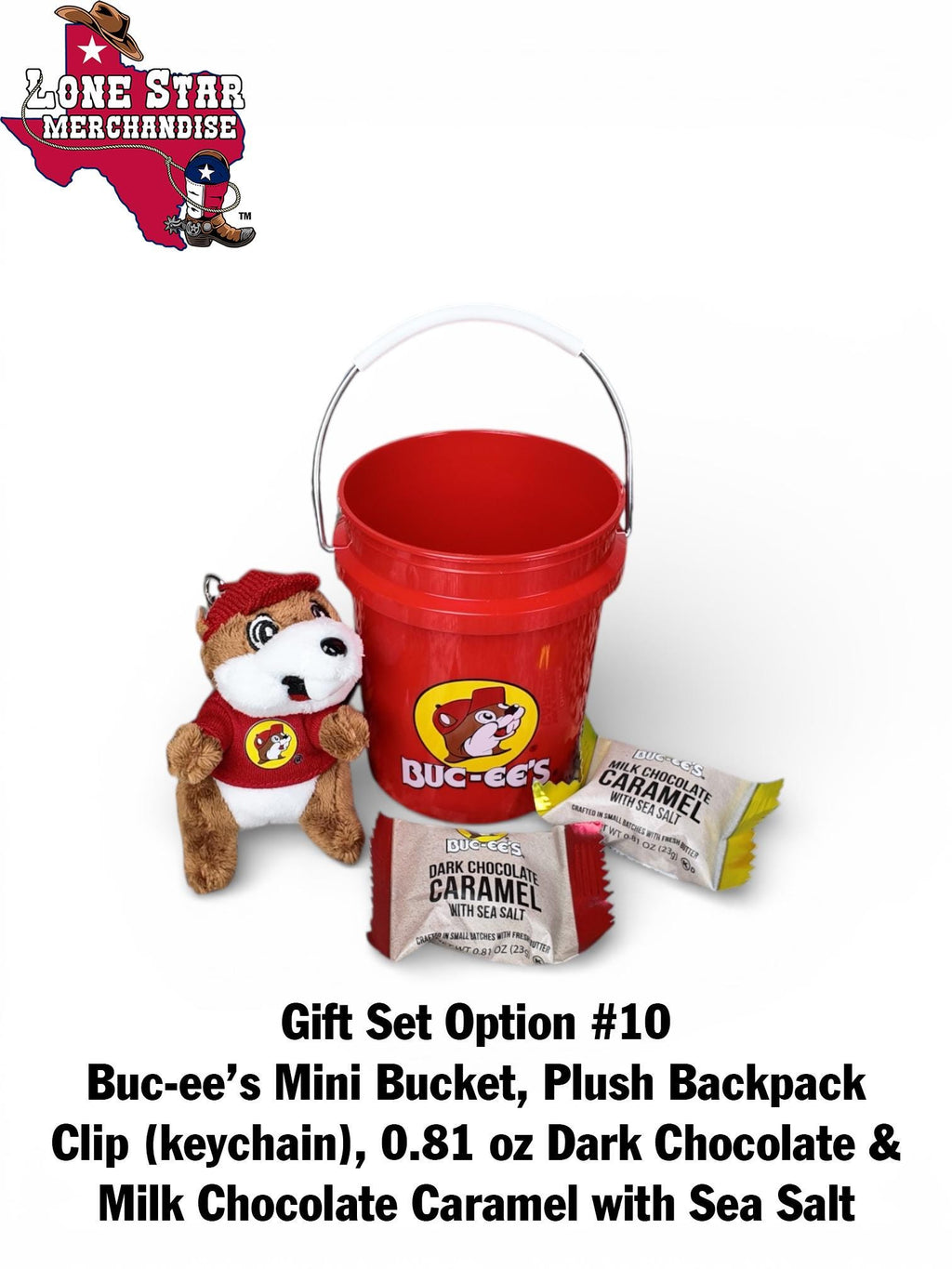 Buc-ee's Mini Bucket Gift Set (Backpack Clip, Chocolate Bar, Mints, Granola, Trail-mix, etc.)