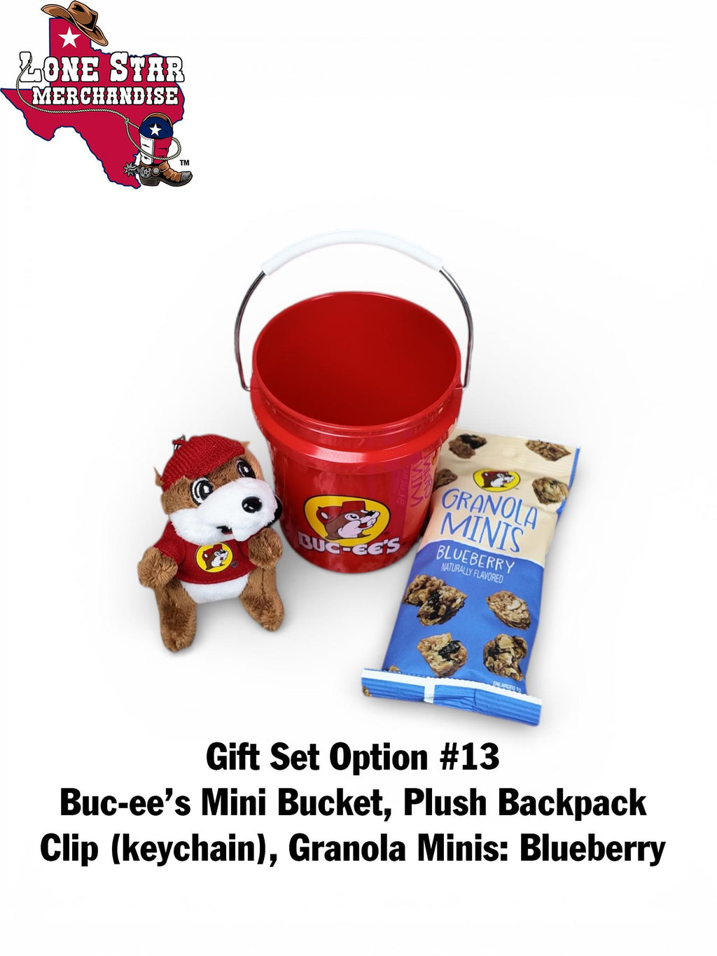 Buc-ee's Mini Bucket Gift Set (Backpack Clip, Chocolate Bar, Mints, Granola, Trail-mix, etc.)