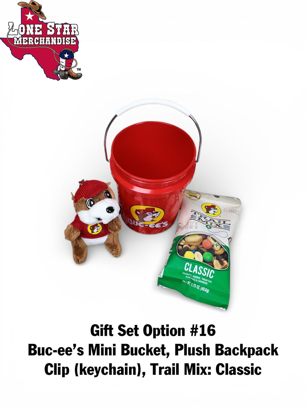 Buc-ee's Mini Bucket Gift Set (Backpack Clip, Chocolate Bar, Mints, Granola, Trail-mix, etc.)
