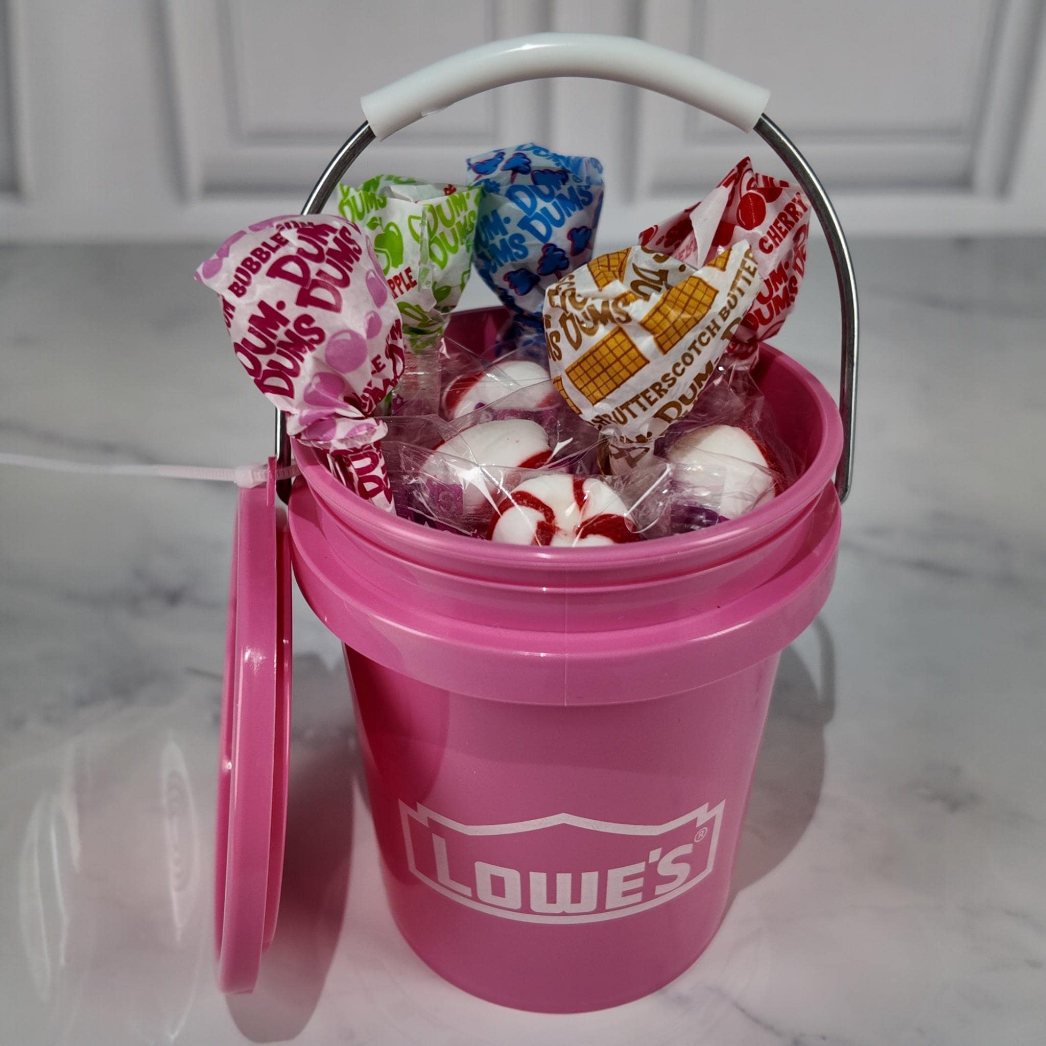 Lowe's PINK Mini Bucket Peppermint Lollipop Gift Basket