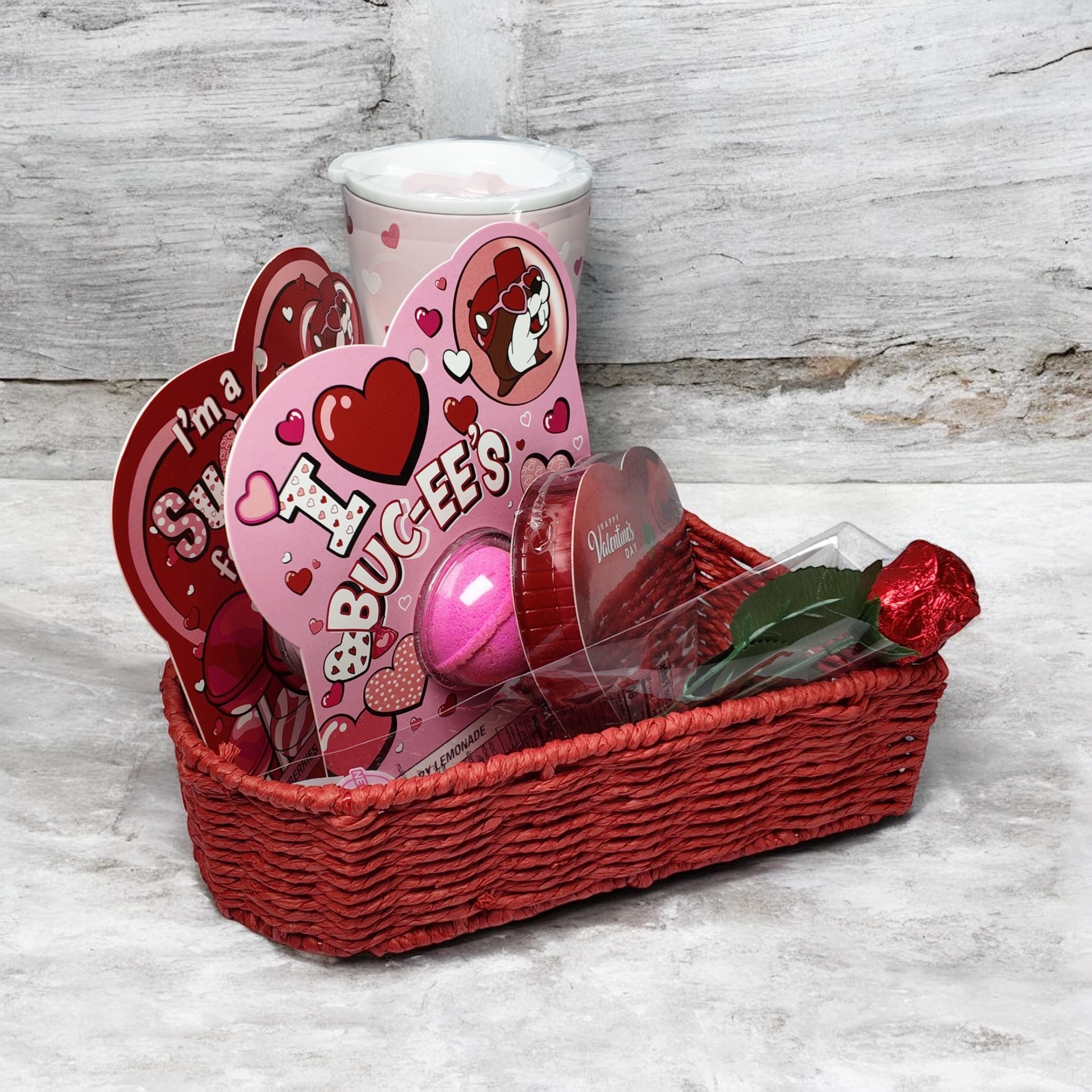 Heart Shaped Valentine Gift Basket (Buc-ee's Tumbler / Bath Bomb)