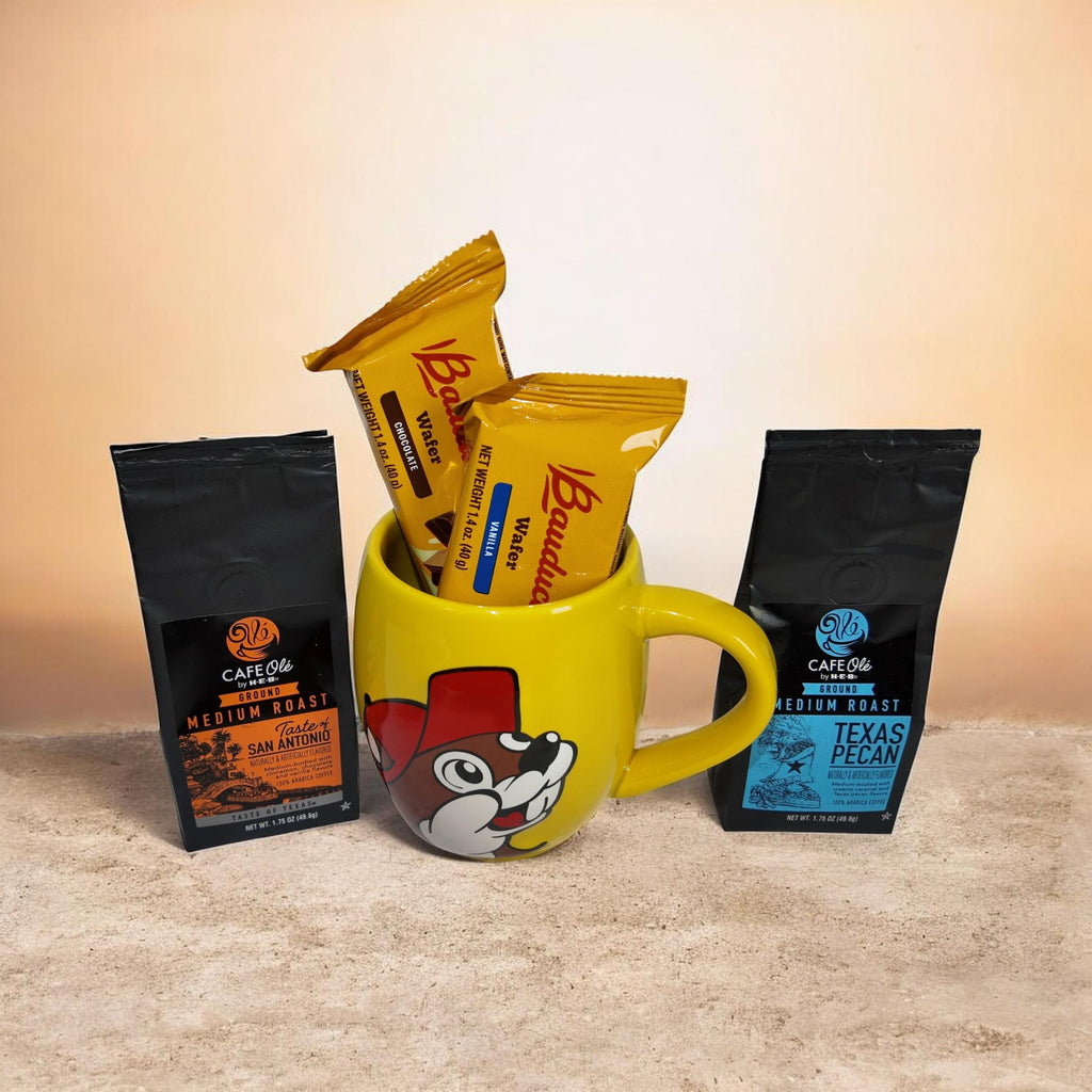 Taste of Texas Coffee Gift Basket: Buc-ee's Mug, H-E-B Coffee & Bauducco Wafers #2601