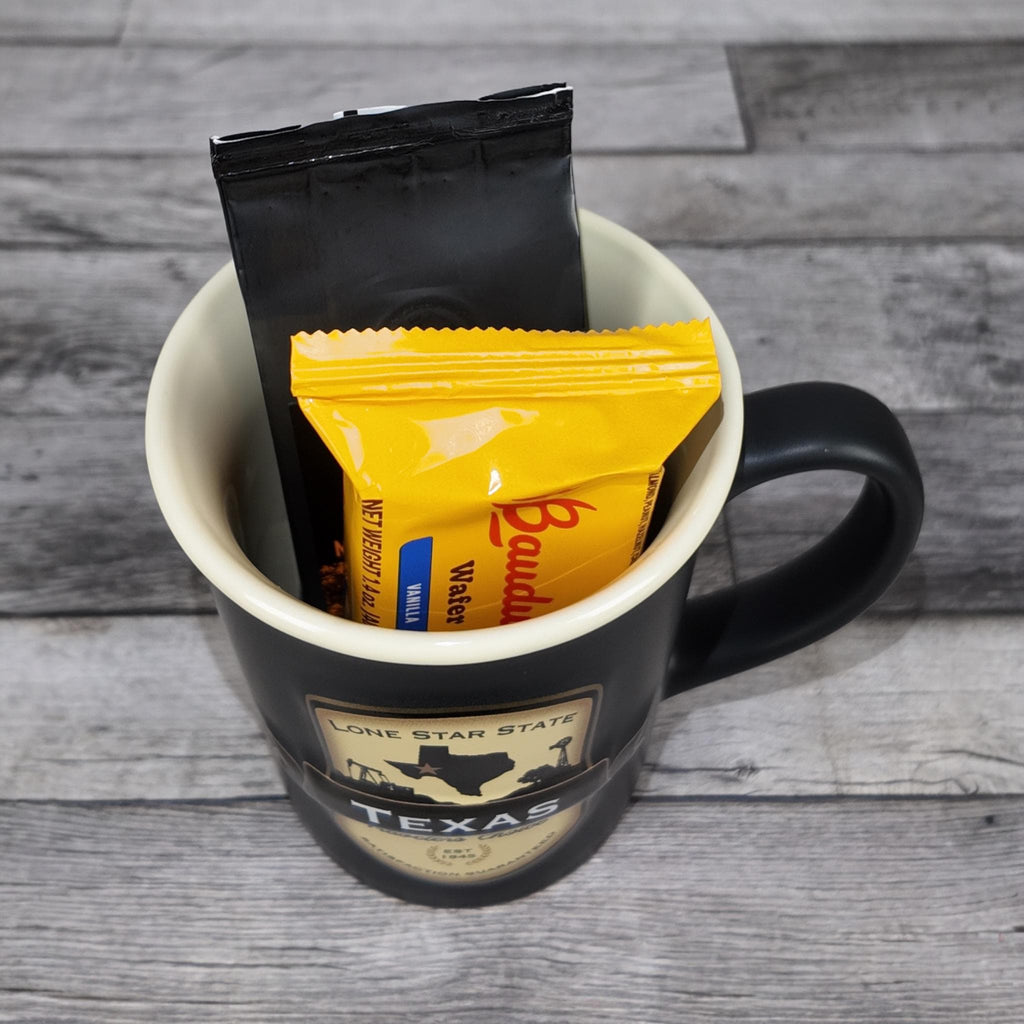 Texas Emblem Coffee Mug Gift Set (HEB Coffee & Bauducco Wafer)