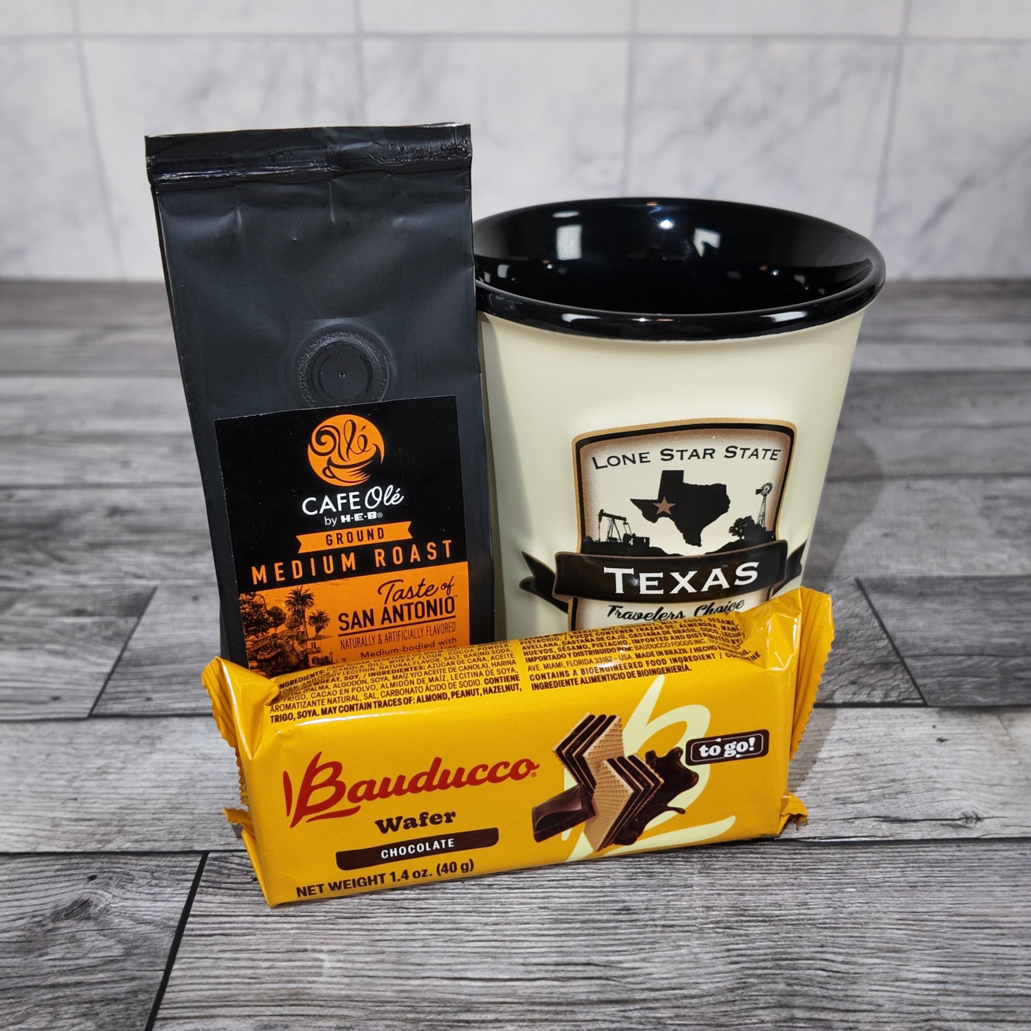 Texas Emblem Coffee Mug Gift Set (HEB Coffee & Bauducco Wafer)