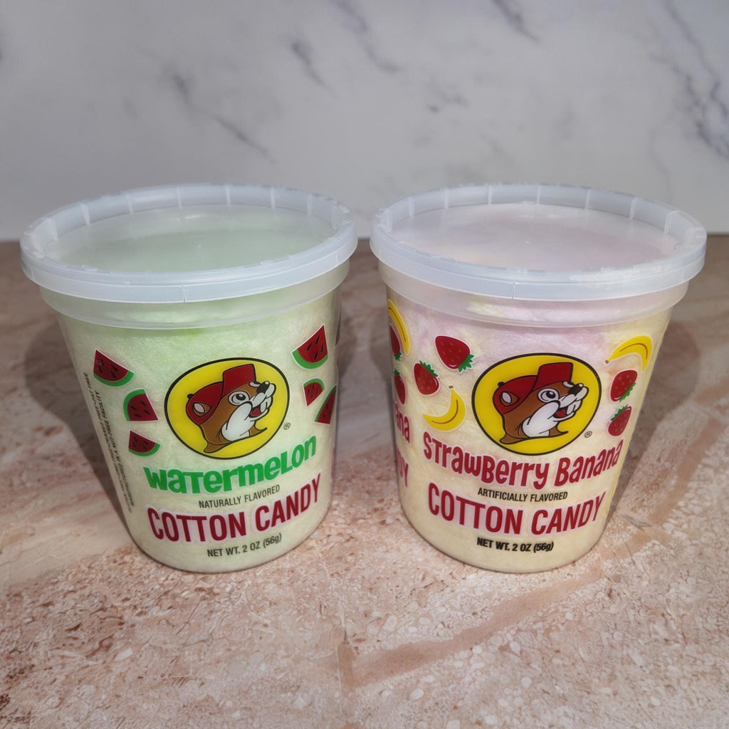 Buc-ee's Cotton Candy and Drizzled Popcorn Gift Basket Set (Classic, Grape, Watermelon, Strawberry Banana)