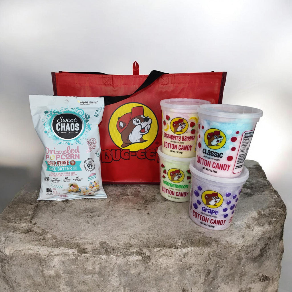 Buc-ee's Cotton Candy and Drizzled Popcorn Gift Basket Set (Classic, Grape, Watermelon, Strawberry Banana)