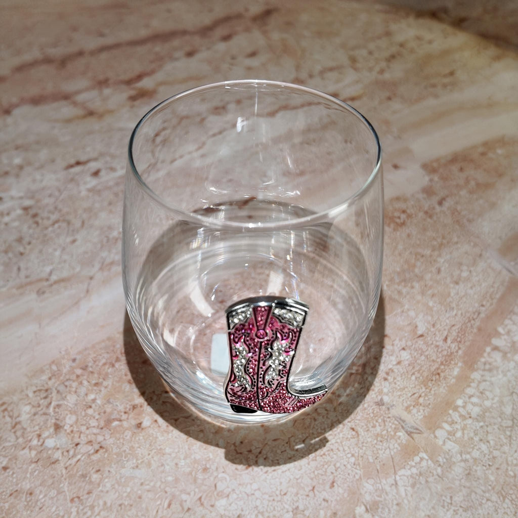 Pink Cowboy Boot Stemless Wine Glass with Chocolates – Western Gift Set