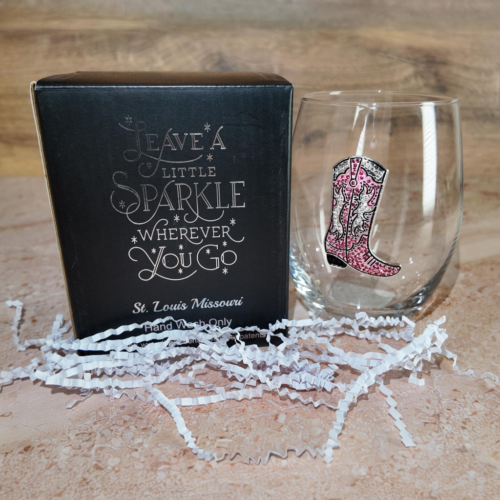 Pink Cowboy Boot Stemless Wine Glass with Chocolates – Western Gift Set