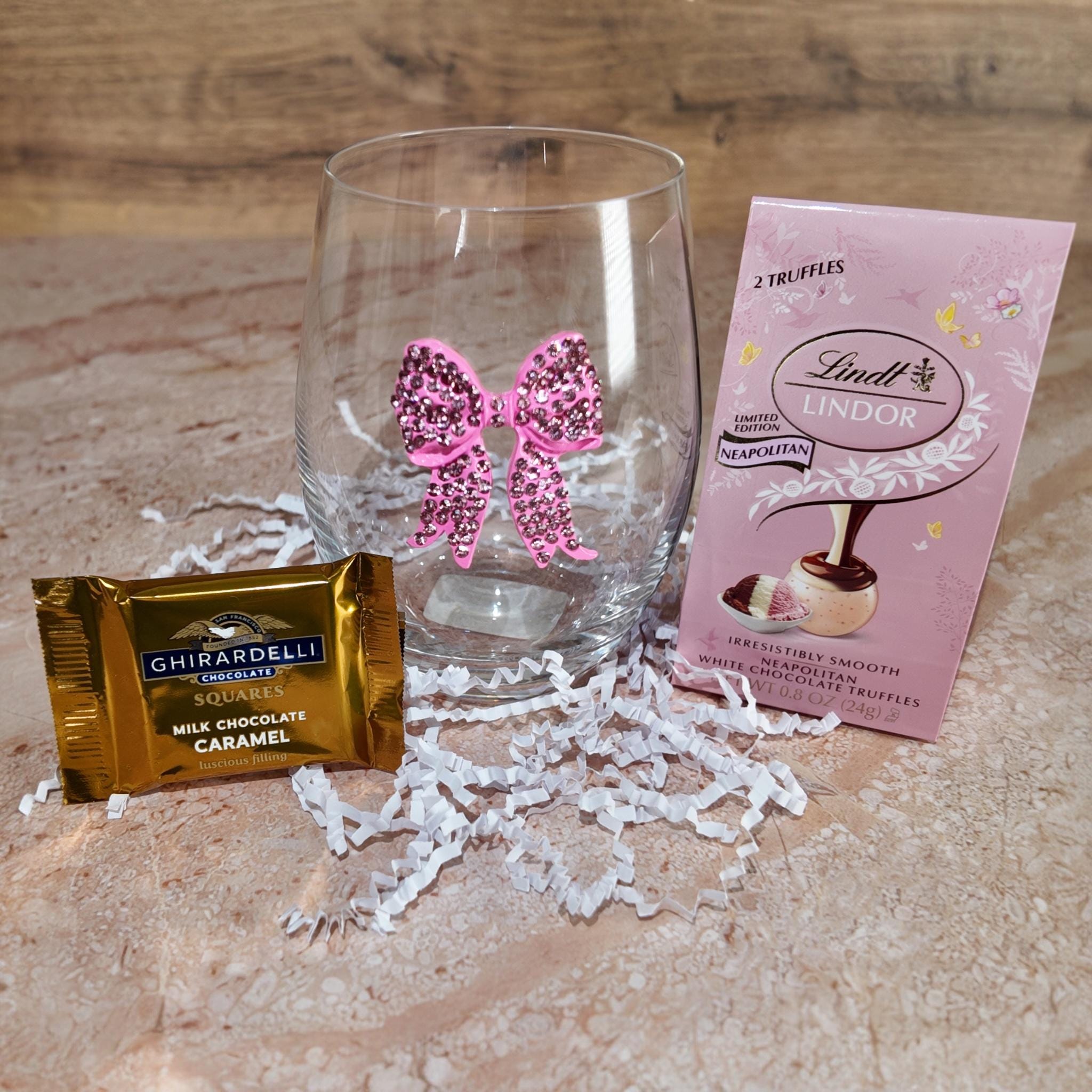 Pink Bow Stemless Wine Glass Gift Set with Chocolates – Elegant Drinkware for Her