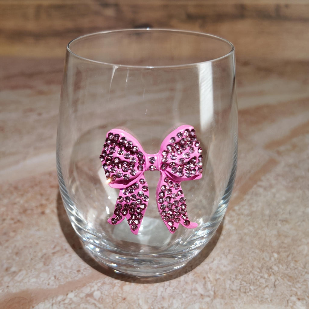 Pink Bow Stemless Wine Glass Gift Set with Chocolates – Elegant Drinkware for Her