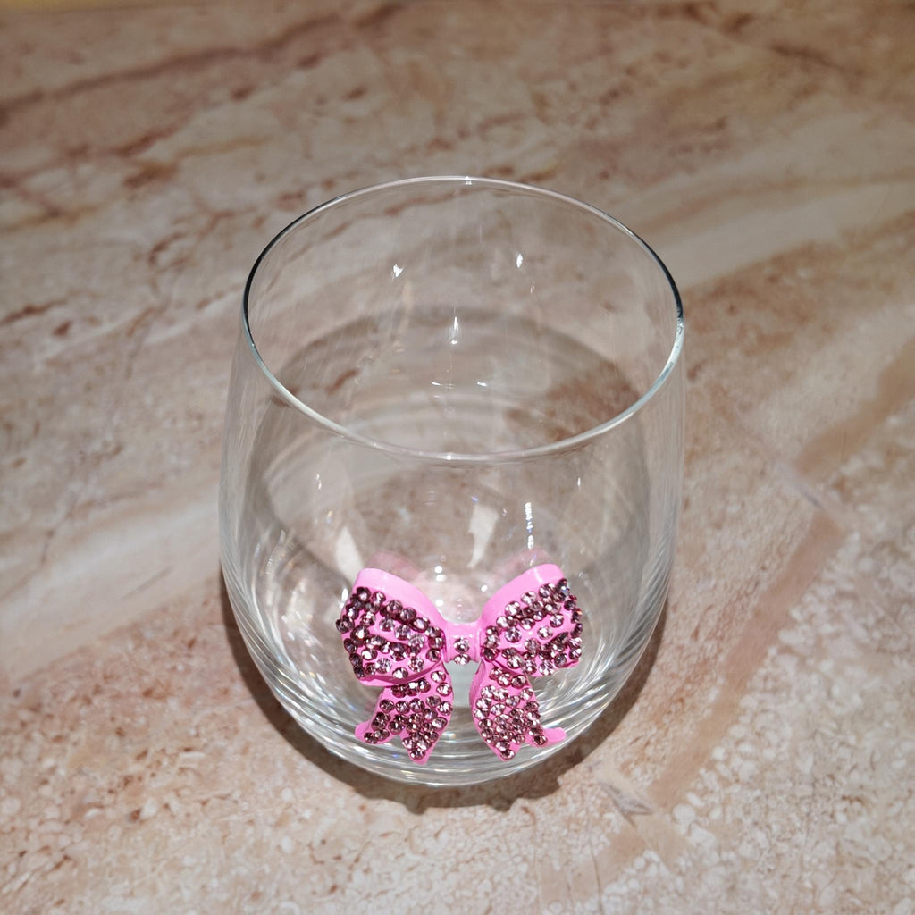 Pink Bow Stemless Wine Glass Gift Set with Chocolates – Elegant Drinkware for Her