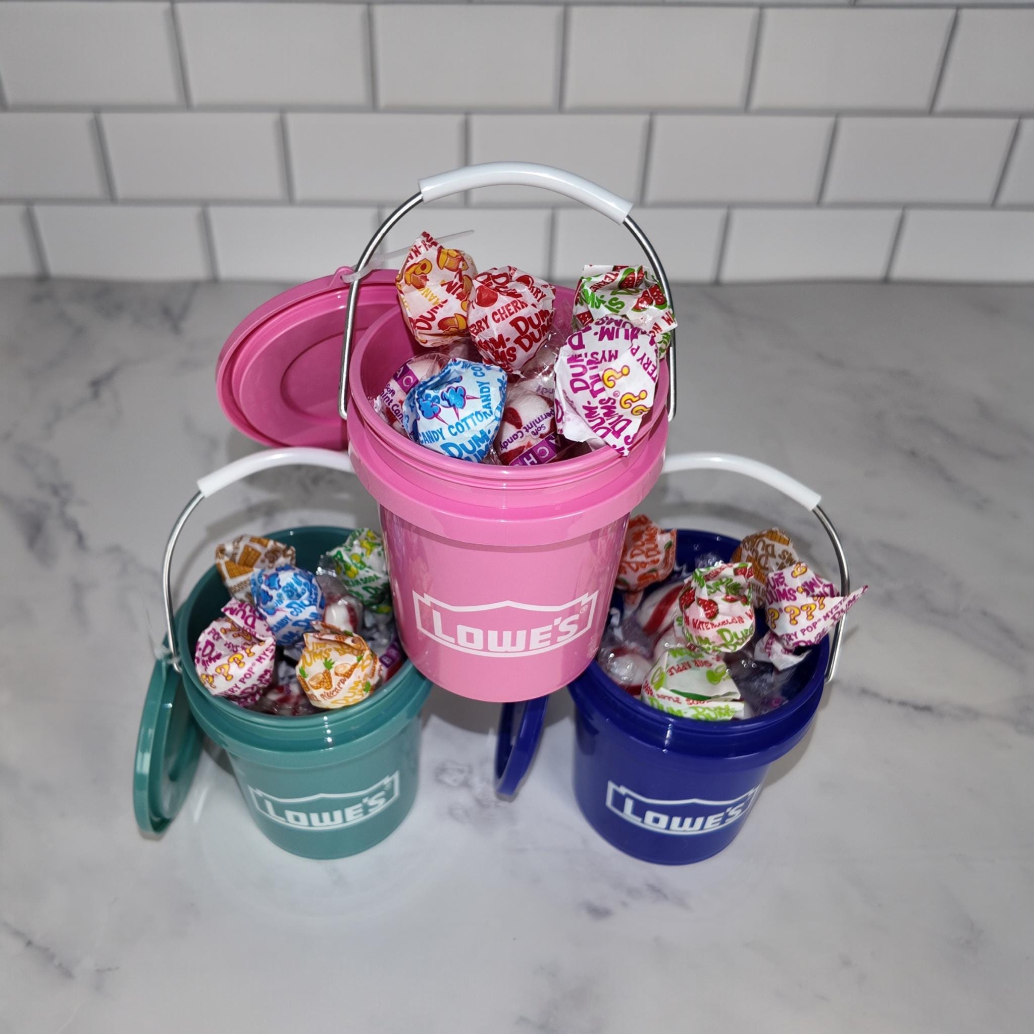Mini Bucket Candy Gift Set Trio – Peppermint & Lollipops (Pink, Teal, Blue)