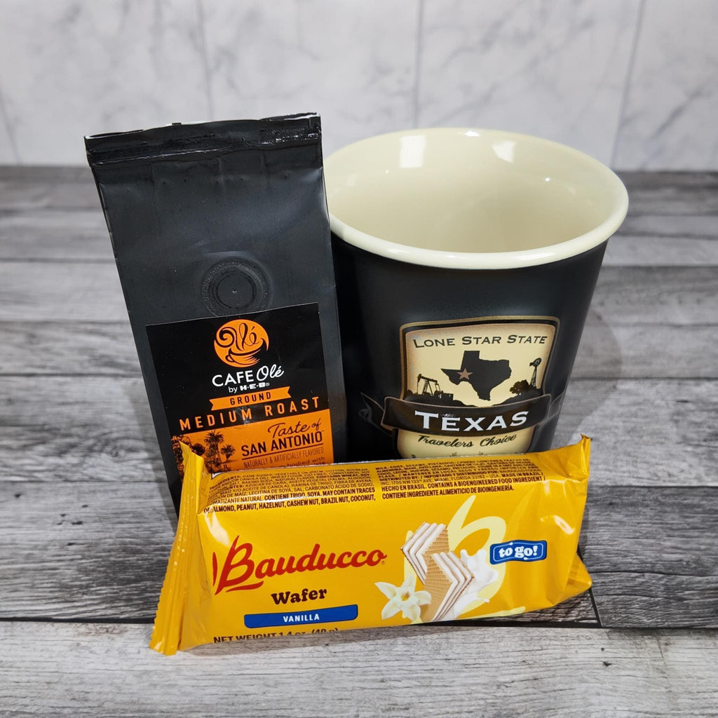 Texas Emblem Coffee Mug Gift Set (HEB Coffee & Bauducco Wafer)