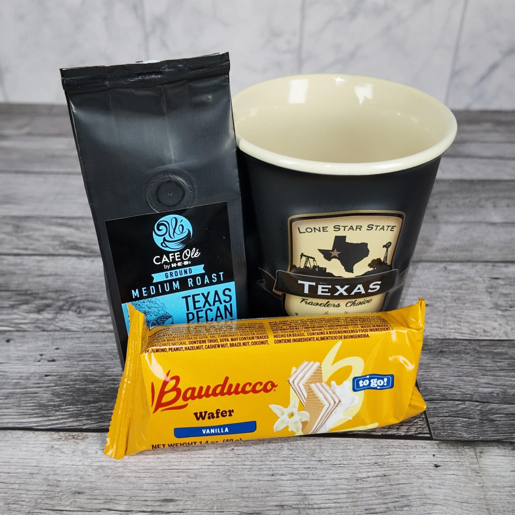 Texas Emblem Coffee Mug Gift Set (HEB Coffee & Bauducco Wafer)