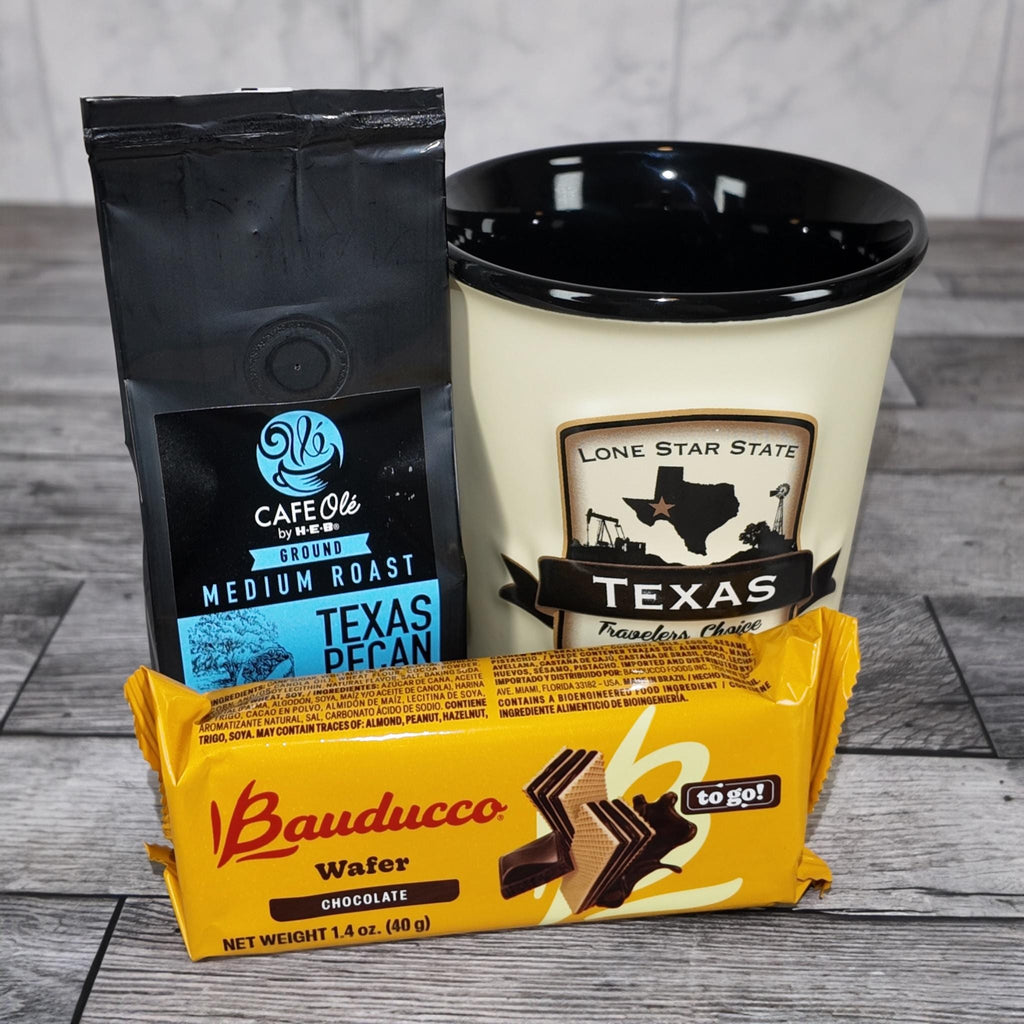 Texas Emblem Coffee Mug Gift Set (HEB Coffee & Bauducco Wafer)
