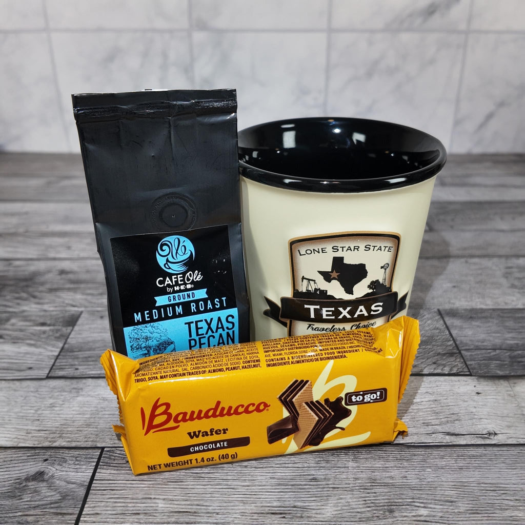 Texas Emblem Coffee Mug Gift Set (HEB Coffee & Bauducco Wafer)