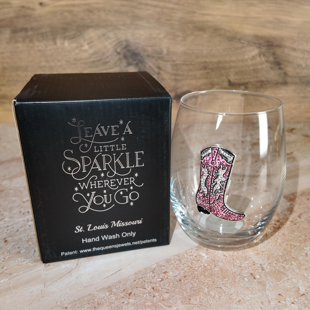 Pink Cowboy Boot Stemless Wine Glass with Chocolates – Western Gift Set