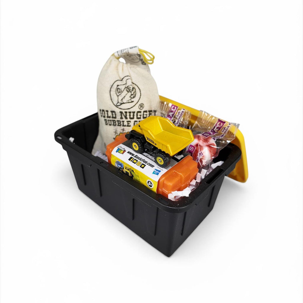 Mini Toy Truck Gift Set – Plastic Storage Tote with Gold Nugget Candy
