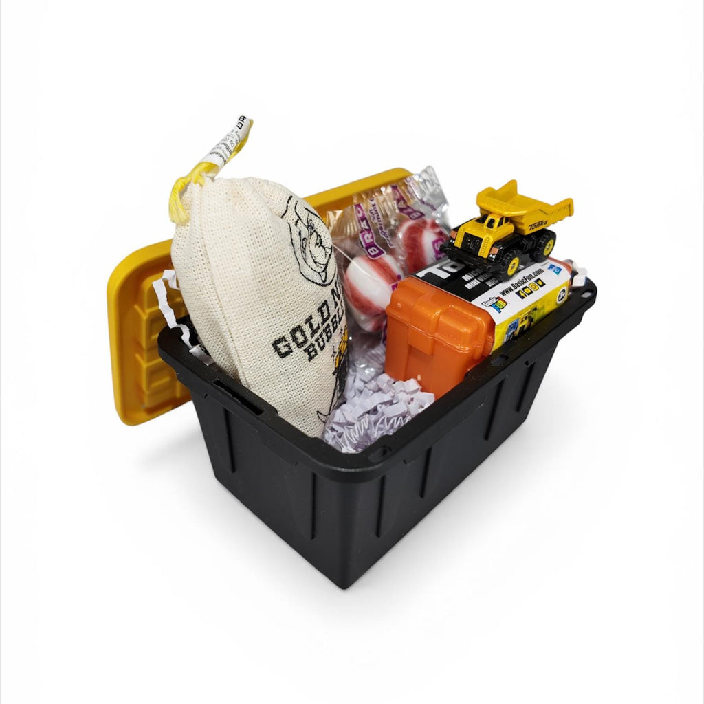 Mini Toy Truck Gift Set – Plastic Storage Tote with Gold Nugget Candy