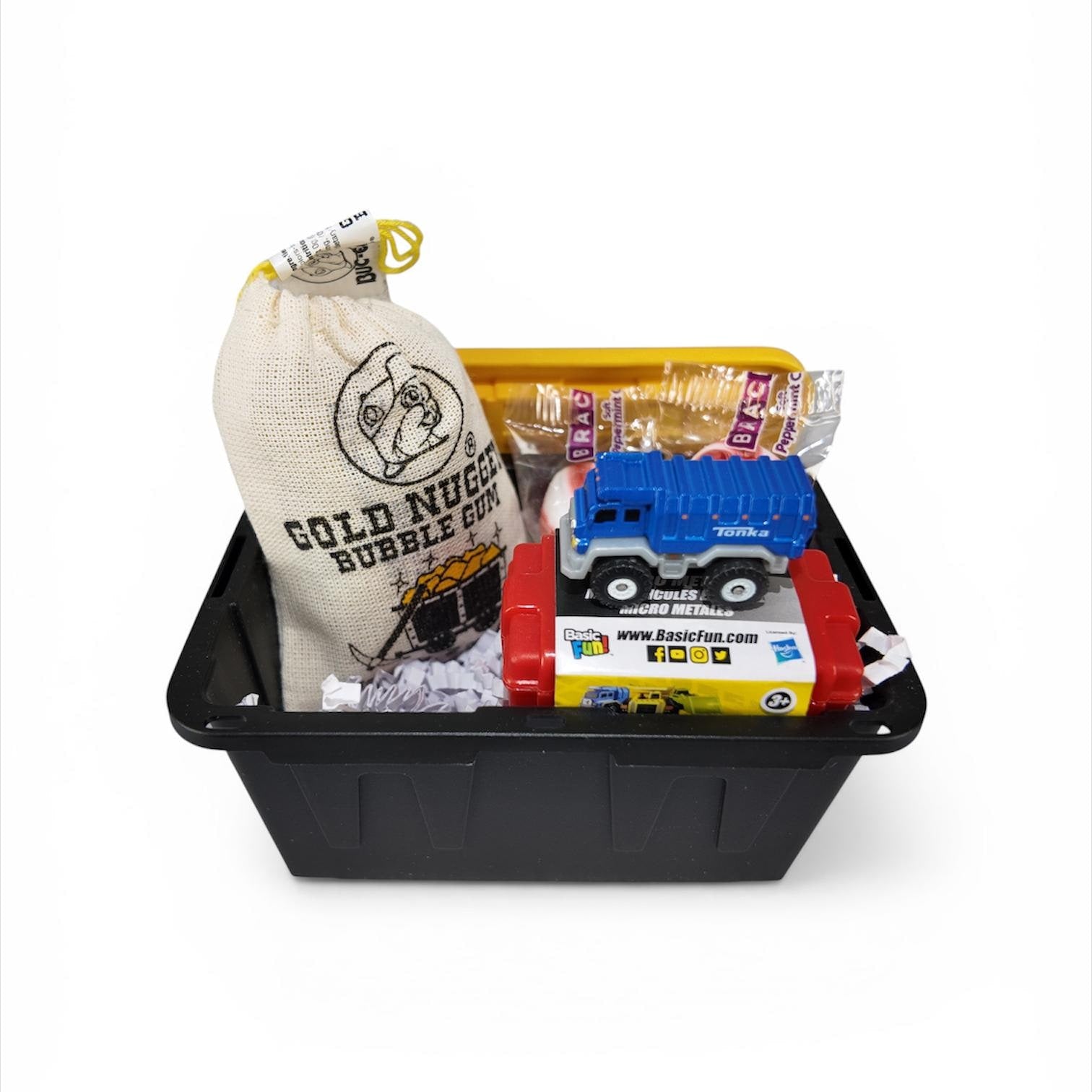 Mini Toy Truck Gift Set – Plastic Storage Tote with Gold Nugget Candy