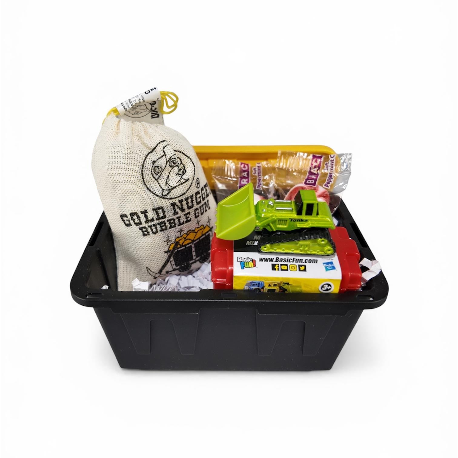 Mini Toy Truck Gift Set – Plastic Storage Tote with Gold Nugget Candy