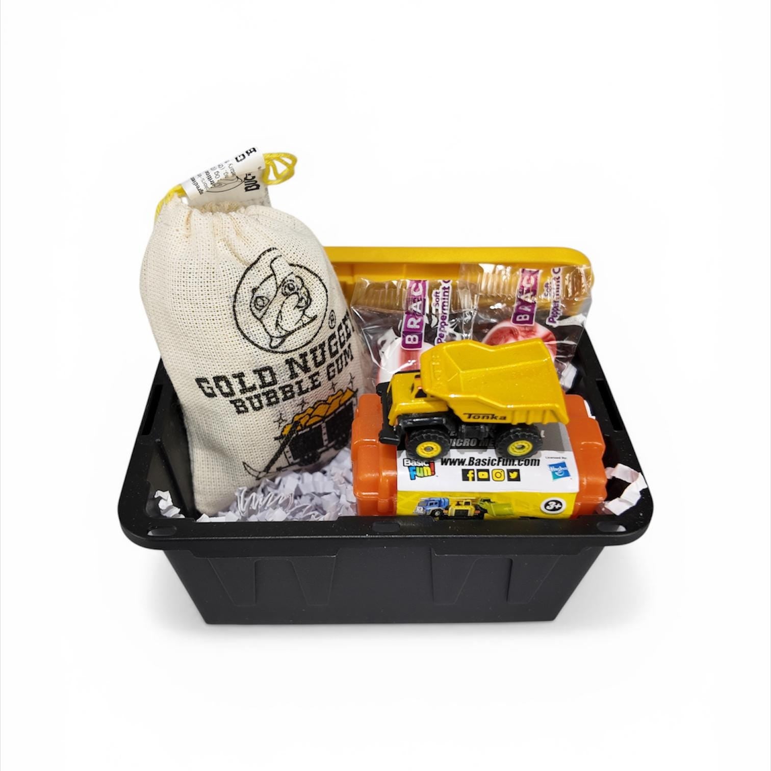Mini Toy Truck Gift Set – Plastic Storage Tote with Gold Nugget Candy