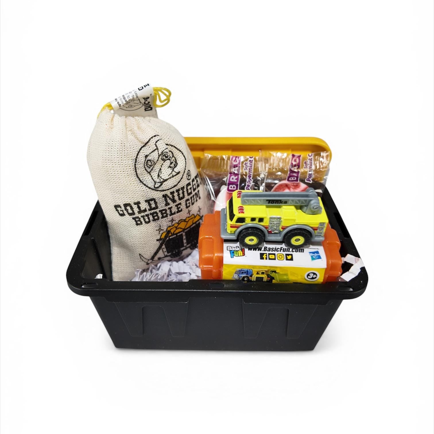 Mini Toy Truck Gift Set – Plastic Storage Tote with Gold Nugget Candy