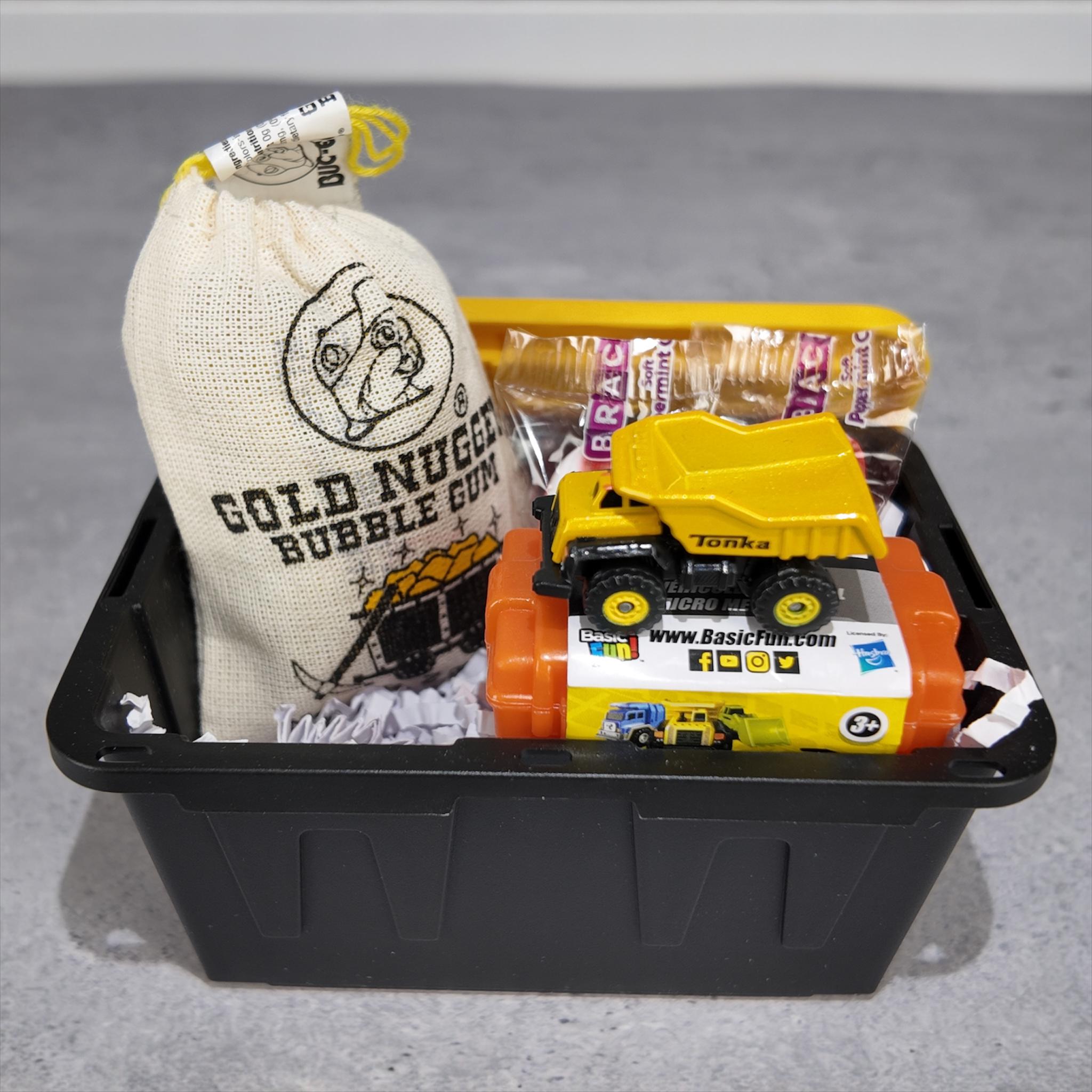 Mini Toy Truck Gift Set – Plastic Storage Tote with Gold Nugget Candy