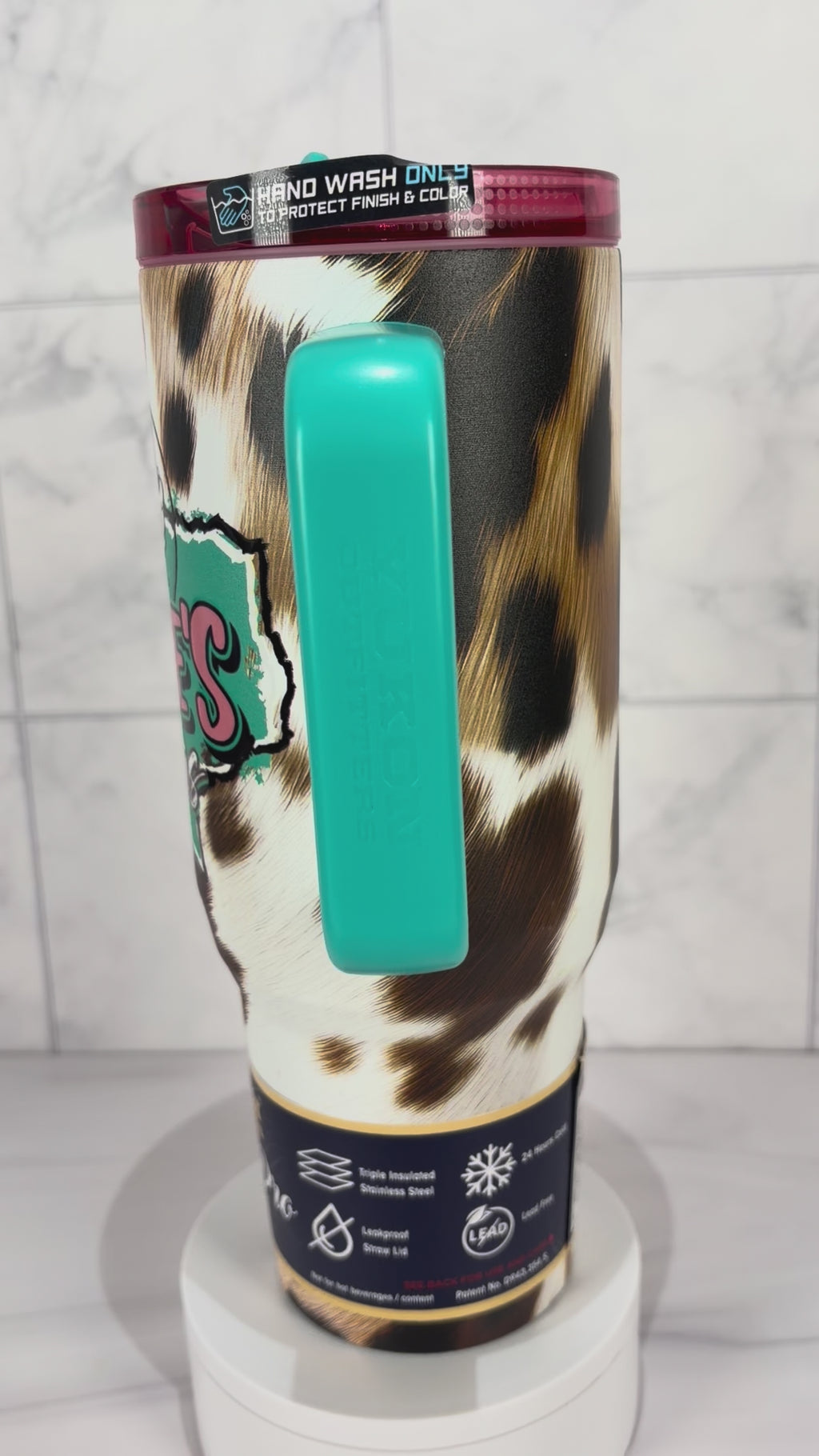 Buc-ee's Texas 40 oz Fit Forty Tumbler with Handle & Straw – Cowhide Print Insulated Travel Cup
