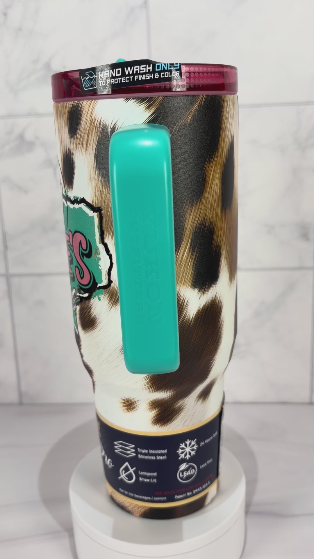 Buc-ee's Texas 40 oz Fit Forty Tumbler with Handle & Straw – Cowhide Print Insulated Travel Cup