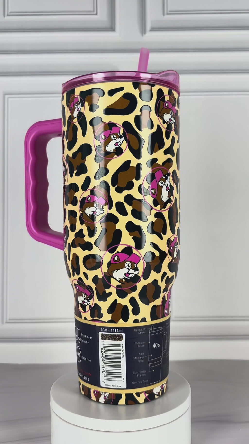 Buc-ee's Leopard Pink Bundle Gift Set (Tote, Tumbler 40oz, HEB Organics Dark Chocolate)